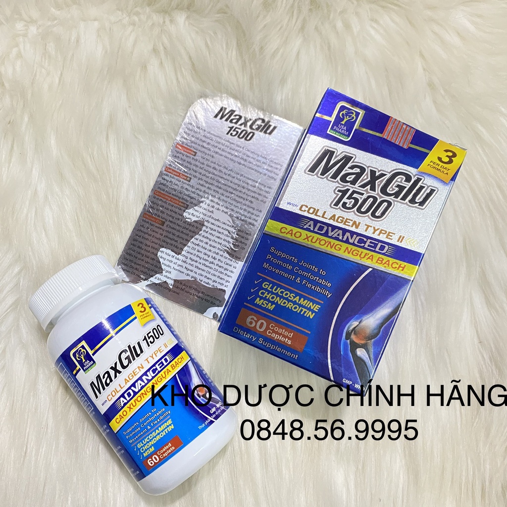Cao xương ngựa bạch-MAXGLU 1500 lọ 60 viên-Làm chậm thoại hóa khớp, tái tạo mô sụn, làm trơn ổ khớp, tăng tiết dịch khớp