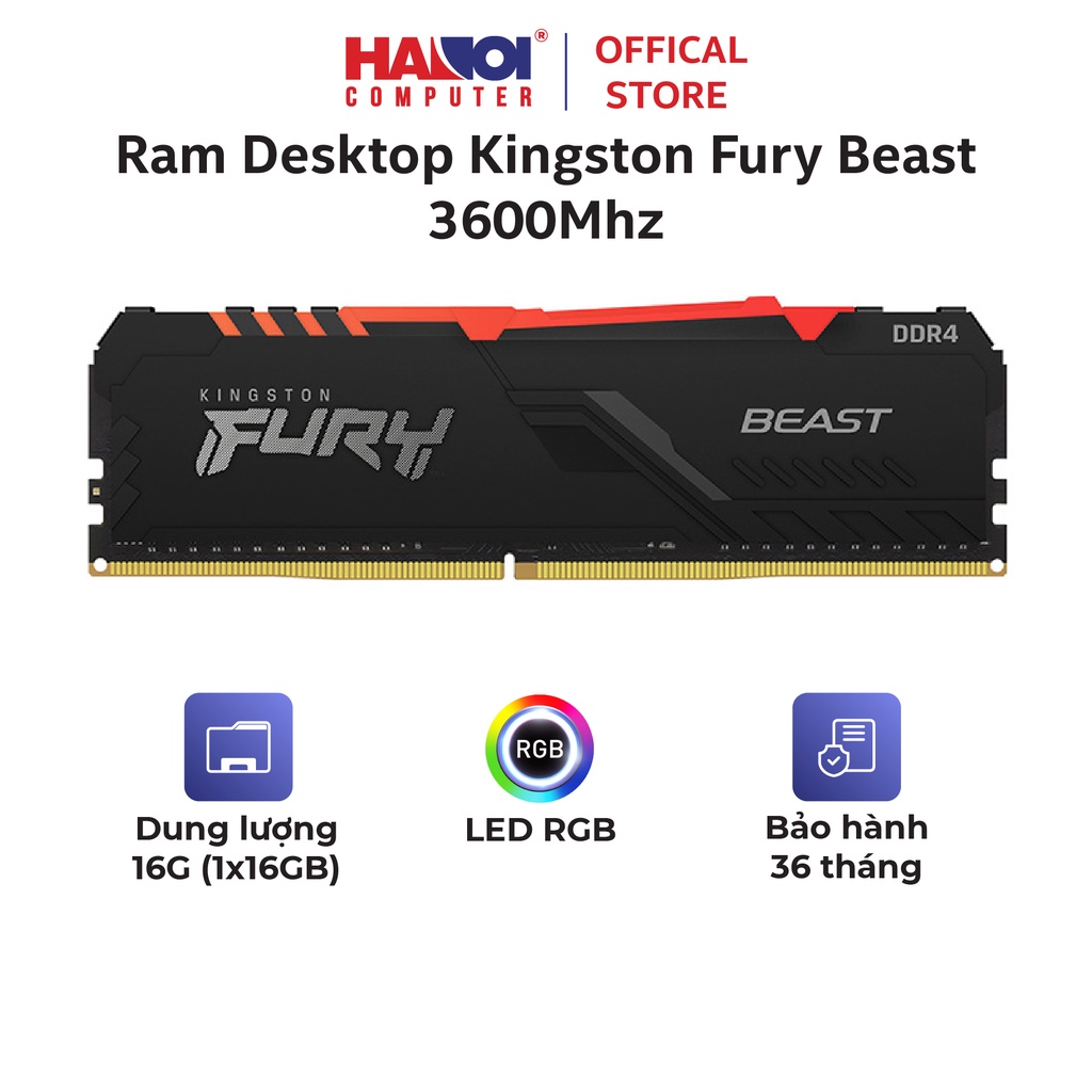 Ram Desktop Kingston Fury Beast RGB (KF436C18BBA/16) 16GB (1x16GB) DDR4 3600Mhz