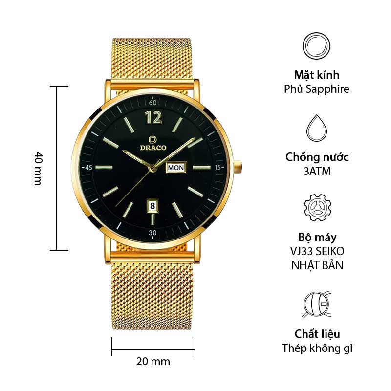 Đồng hồ nam cao cấp DRACO d21-st01 &quot;the first boy&quot; VÀNG ĐEN