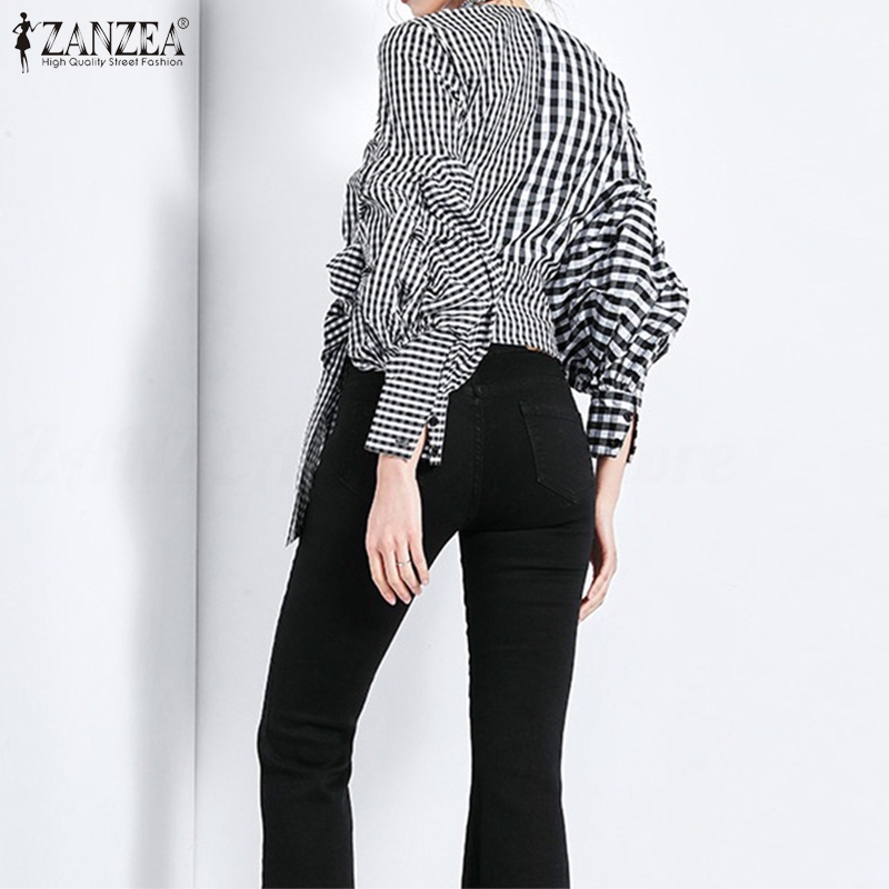 ZANZEA Áo kiểu nữ dài tay kẻ sọc ca rô thời trang Hàn Quốc