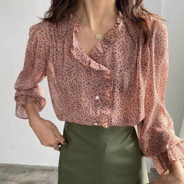 Áo Sơ Mi Voan Hoa Tay Dài Dáng Rộng Thời Trang Cho Nữ
