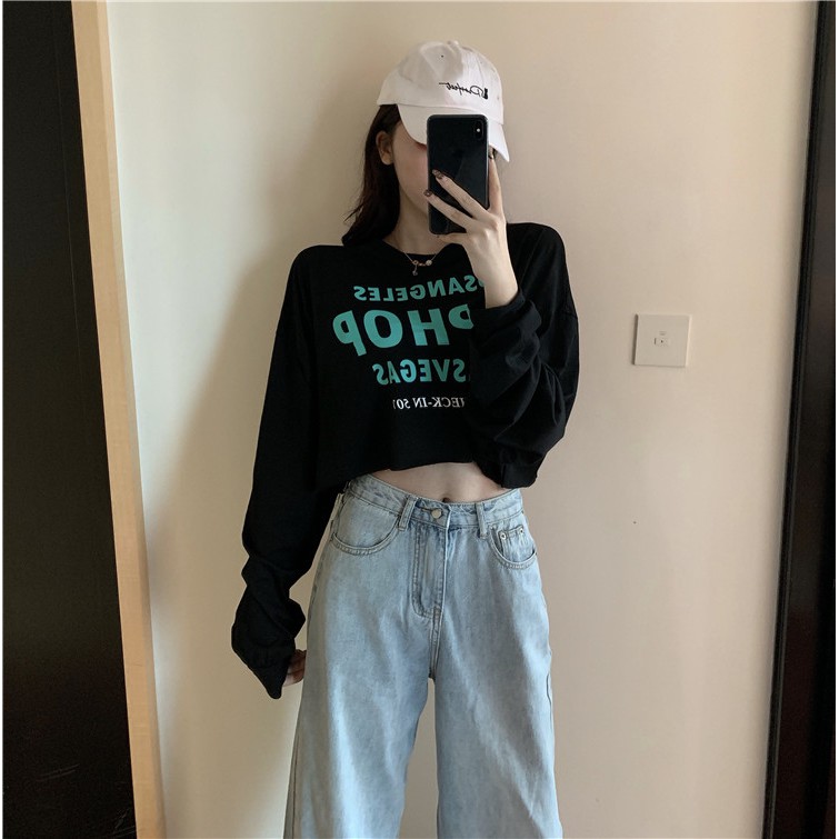 Áo croptop nữ dài tay form rộng ZOZORO in hình LOSANGELES 2 màu cá tính