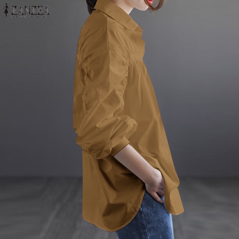 Áo sơ mi ZANZEA tay dài màu trơn thời trang Hàn Quốc nữ tính