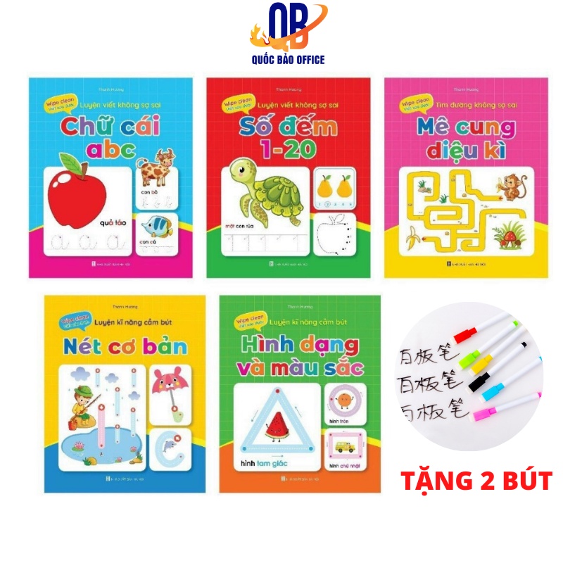 Combo 3 Quyển Luyện Viết Chữ, Số, Nét Cơ Bản Tự Xóa Thông Minh Cho Bé - Tặng Kèm Bút Mực Bay Màu (1 bút + 3 ngòi +1 cá)