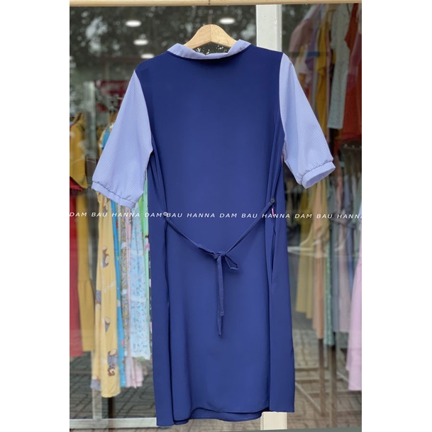 [HANNA] Đầm bầu công sở cao cấp đầm bầu xanh đen phối sọc có size 80kg dài qua gối vải cao cấp mềm mát không nhăn