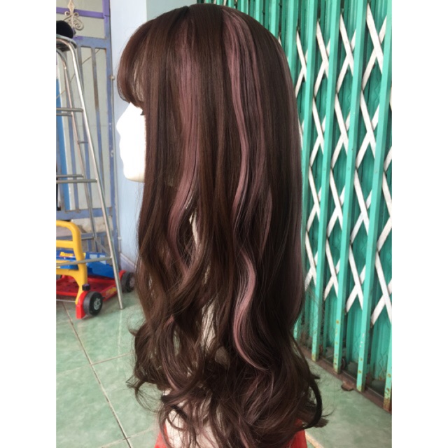 Tóc giả Nguyên đầu ❤️freeship 50k❤️nâu line hồng- tặng lươi chùm tóc- hình thật