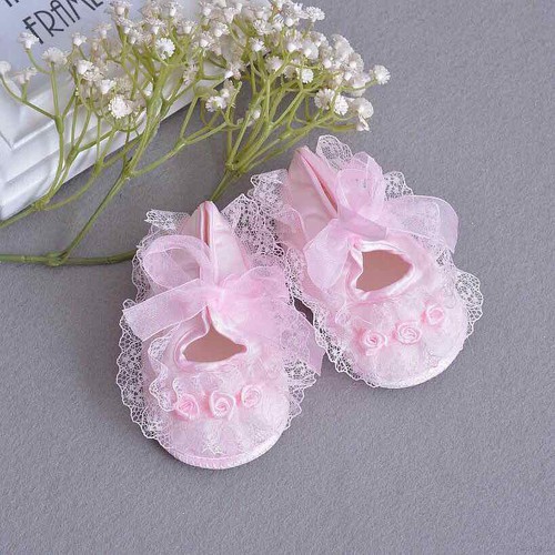 Giày dép tập đi cho bé gái ren hoa hồng cho bé từ 12cm cho bé từ 4-12 tháng