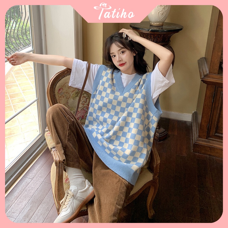 Áo Gile Len Trơn ( Áo Không Tay) Thời Trang Vintage Họa Tiết Caro Hottrend Thời Trang Thu Đông - Tatiho - Mã AK015