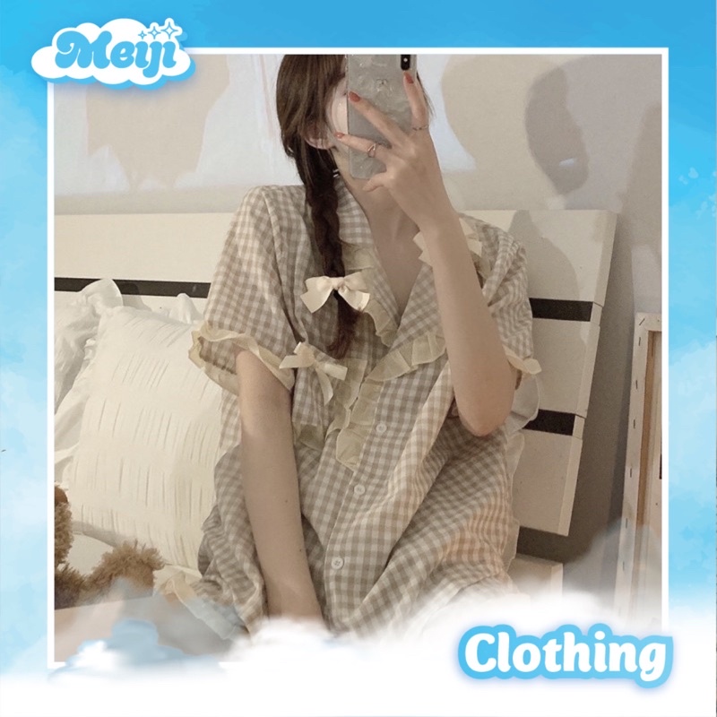Bộ ngủ pijama nữ ngắn tay kẻ caro tay bèo công chúa