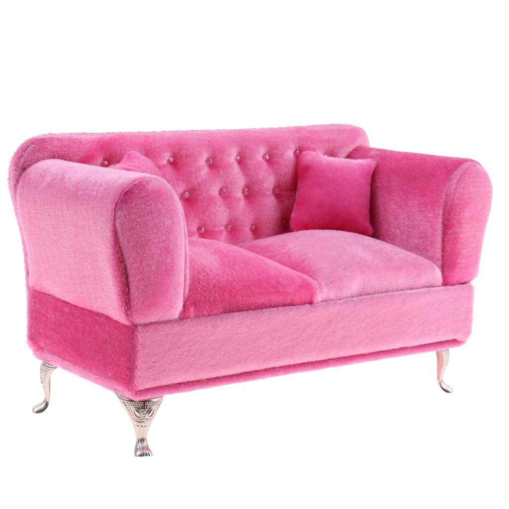 Ghế sofa mini màu hồng bằng da lộn trang trí nhà búp bê