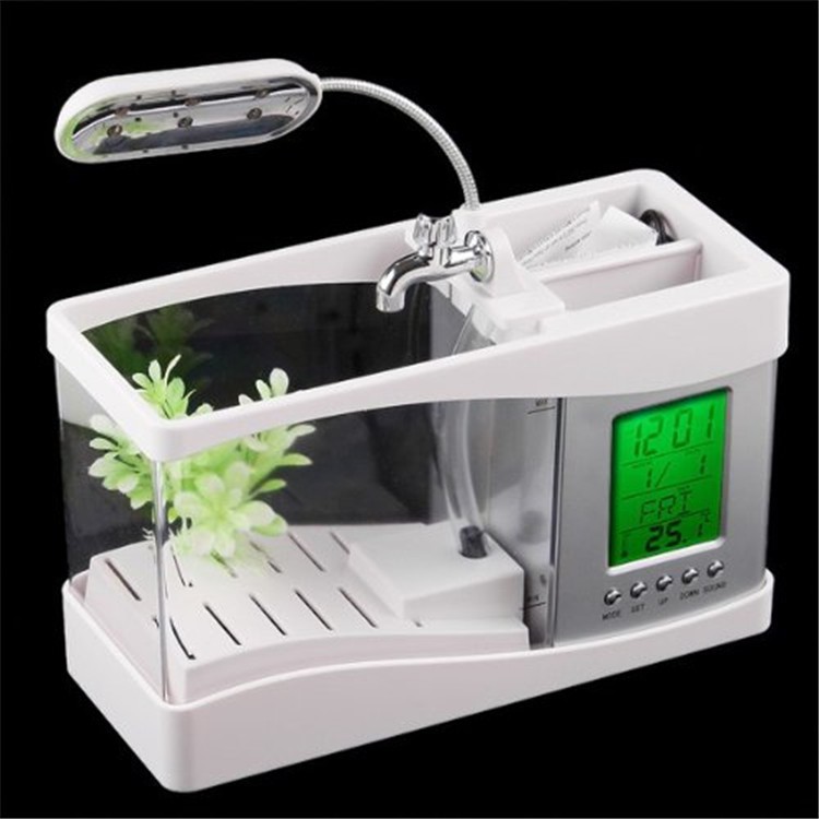 BỂ CÁ MINI PHONG THỦY ĐỂ BÀN CÓ ĐÈN LED VÀ BƠM CHÌM KÈ ĐỒNG HỒ LCD HAI MÀU TRẮNG ĐEN