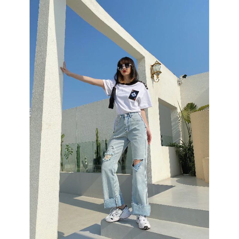 quần jeans nữ cạp vừa ống rộng dài ống rách cá tính off white