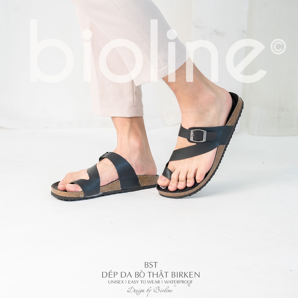 DK24-LÓT CHỐNG NƯỚC- Dép đế trấu Birken da bò thật nam nữ unisex xỏ ngón BIOLINE