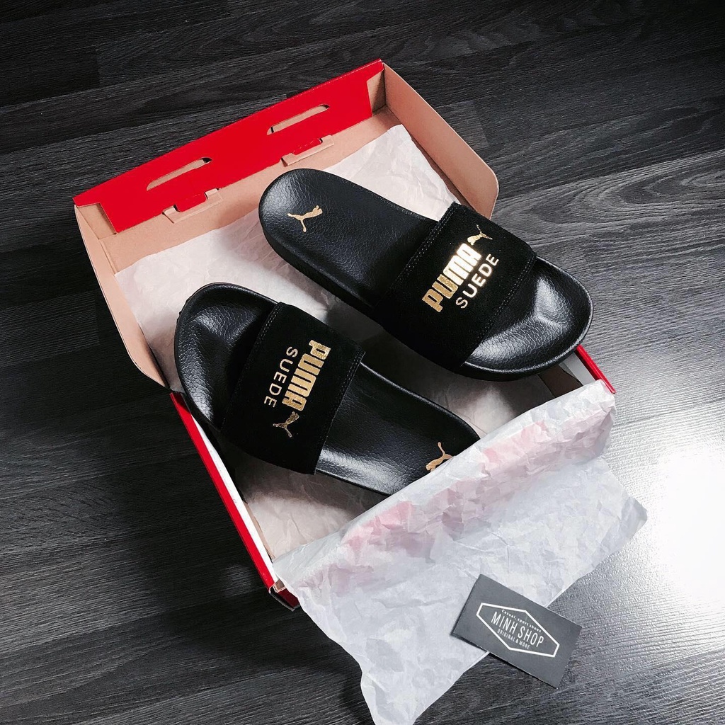 Dép Puma_Suede Leadcat Sandals đen chữ vàng 11356