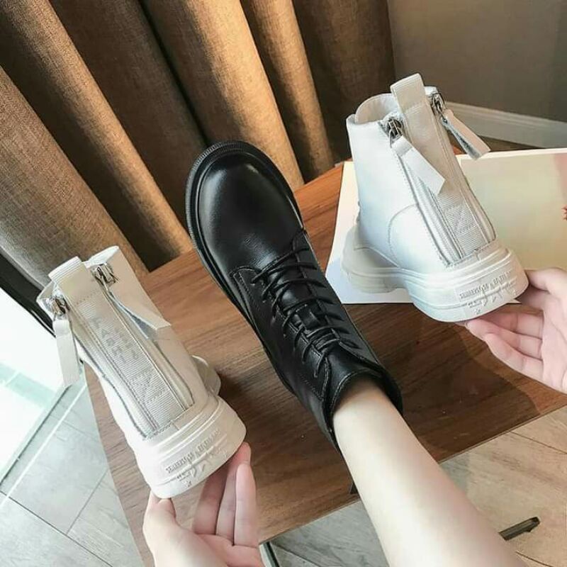 Giày Bốt Nữ Cổ Lửng Có Khóa Kéo, bốt thời trang nữ đế cổ thấp, bốt đen/trắng nữ,bốt quảng châu
