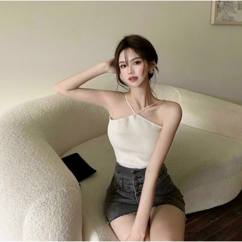 Áo yếm hở lưng 2 dây đan chéo sexy chất gân tăm co giãn