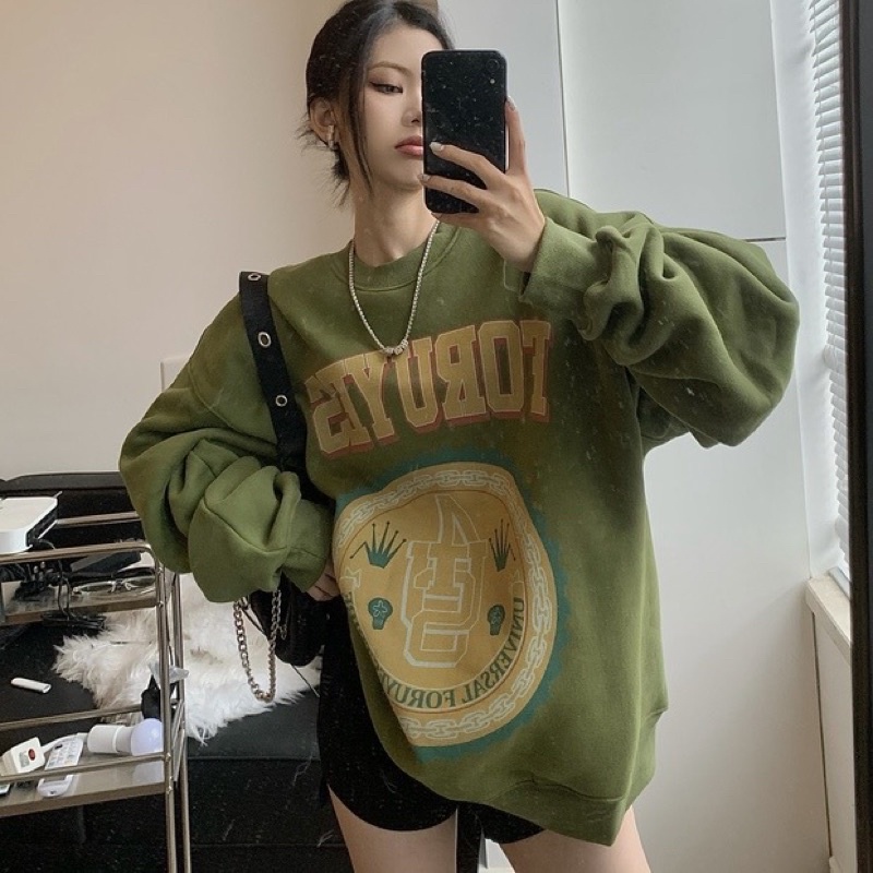 Áo sweater nỉ bông dày dặn màu xanh chi tiết phong cách vintage