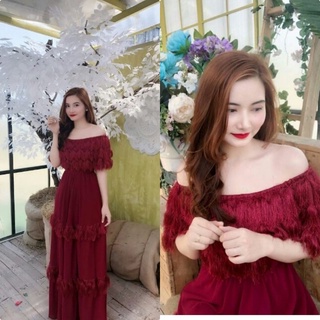 Đầm maxi trễ vai phối dây tơ bèo trùm cực yêu-Hình thật SP Kèm hình Khách