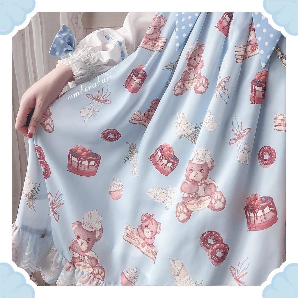 Đầm Lolita Hai Dây Họa Tiết Gấu Dễ Thương Cho Bé Gái