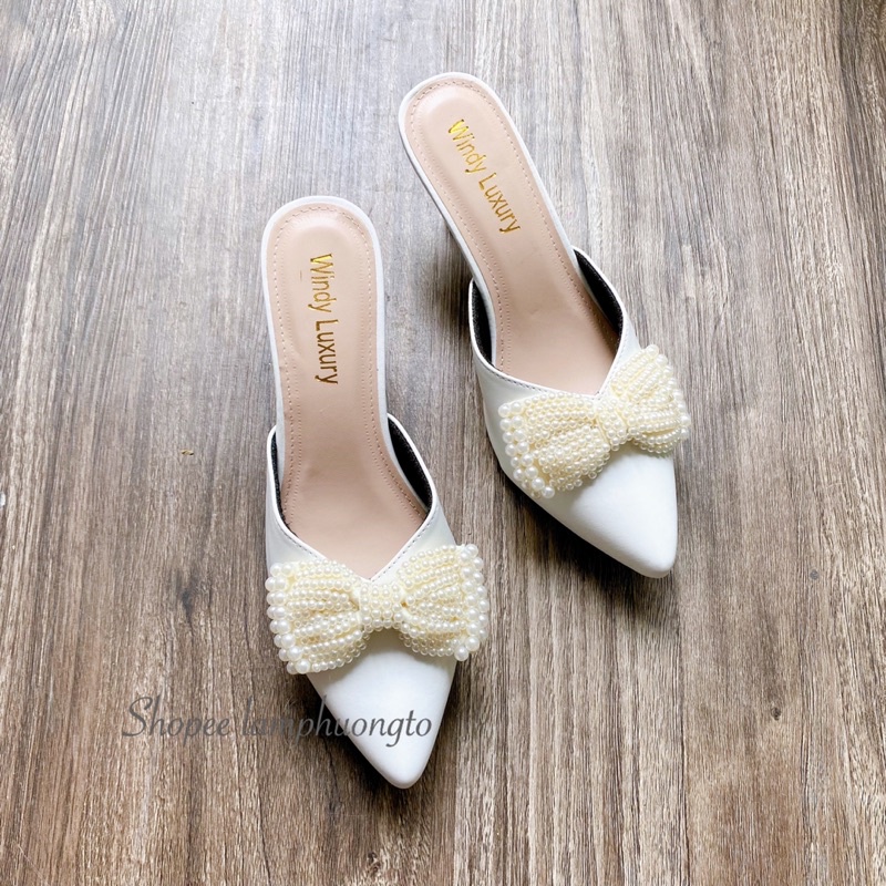 Giày cao gót bít mũi nơ hạt kết ngọc siêu đẹp GBMNC