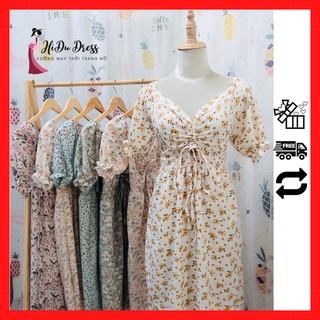 Đầm hoa nhí cổ tim tay ngắn HiDu