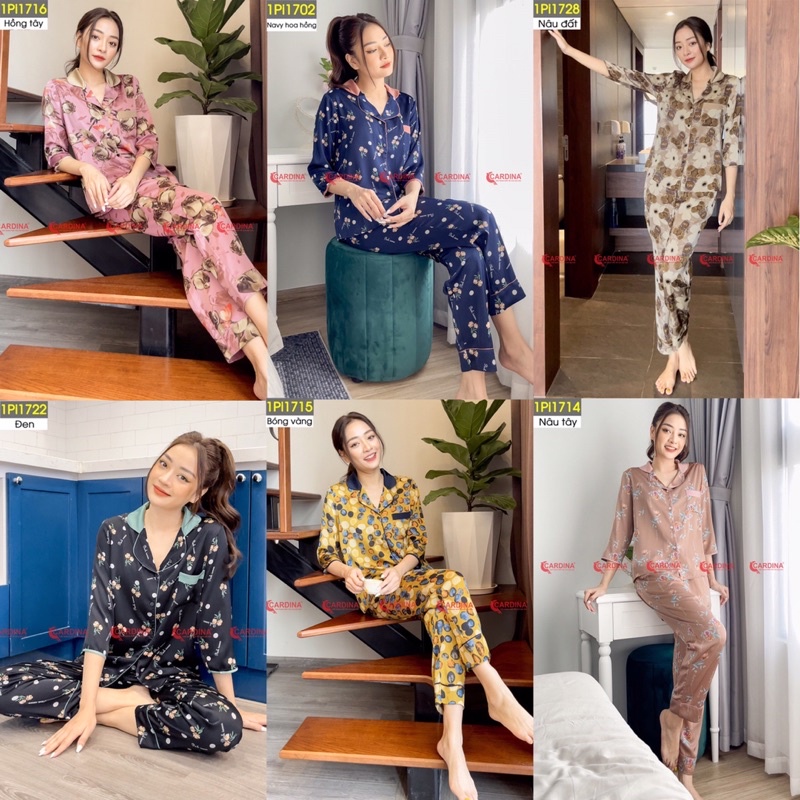 Đồ Bộ Pijama Nữ 𝐂𝐀𝐑𝐃𝐈𝐍𝐀  Chất Lụa Satin Nhật Cao Cấp Quần Dài, Tay Lỡ Họa Tiết  Sang Trọng 1Pi17.