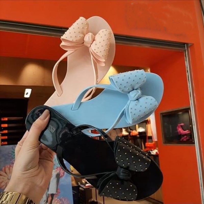 Dép Xỏ Ngón Đế Bằng Đính Nơ Phong Cách Melissa Mẫu Mới 2021 Thời Trang Cho Nữ gót thấp (1-M)