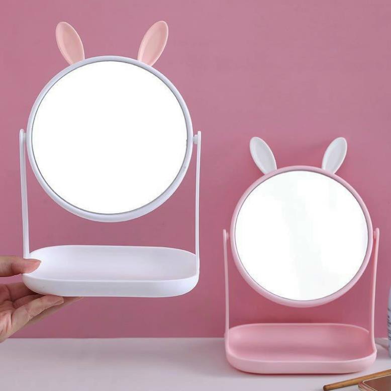 Gương công chúa tai mèo và tai thỏ để bàn xoay 360 độ, đế vuông, để bàn trang điểm