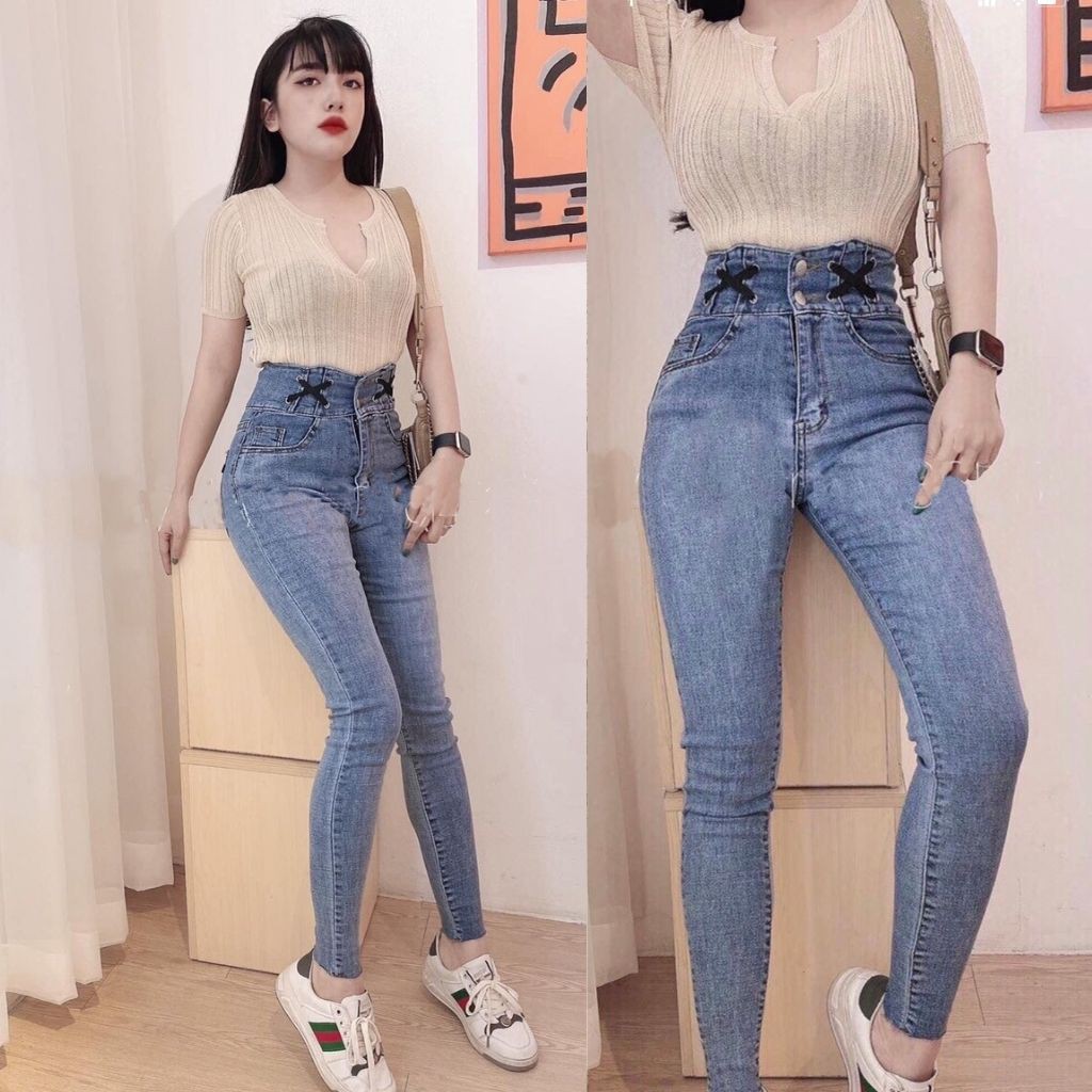 Quần Bò Nữ Cạp Cao Siêu Co Giản Form Dáng Ống Skinny Chuẩn Đẹp Y hình Có Size To 65 Ký