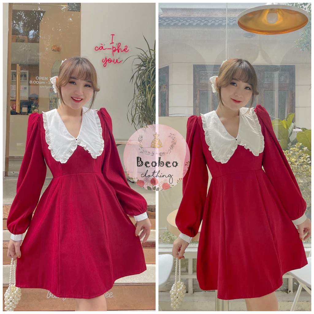 Đầm xoè đỏ cổ sen trắng tay phồng vintage