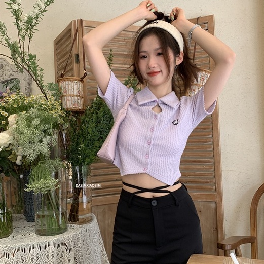 Áo thun polo ZHELIHANGFEI dệt kim tay ngắn lưng cao thiết kế cá tính quyến rũ cho nữ