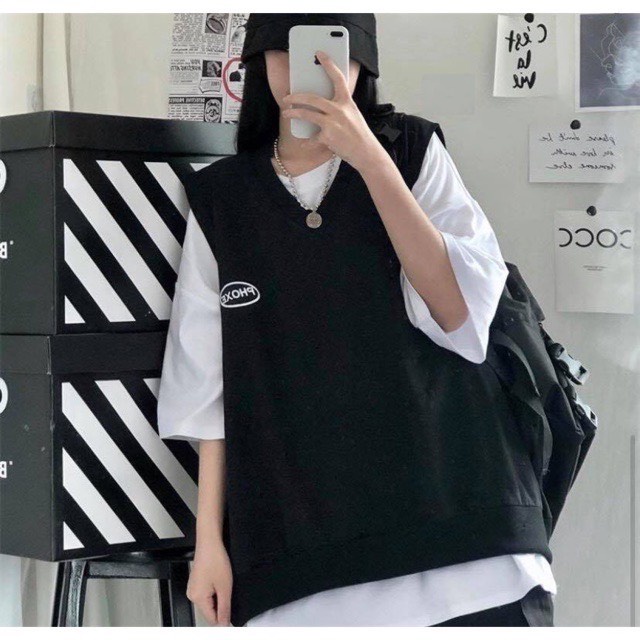 Áo gile logo phoxe unisex - Thun kiểu form rộng tay lỡ màu đen cá tính đường phố hàn quốc nam nữ ulzzang