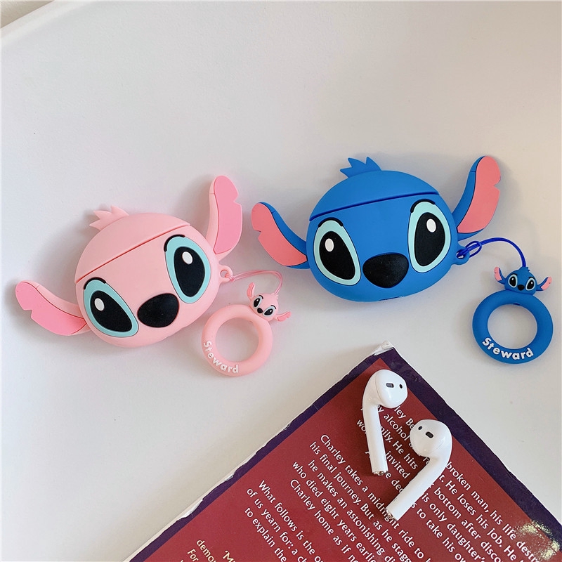 Lilyrose Store/ 3D Cartoon Cute Stitch Couple Lover AirPods 1/2 AirPods Pro Bluetooth Headset Anti-fall Silicone Soft Case Headset Protection Cover With Lanyard