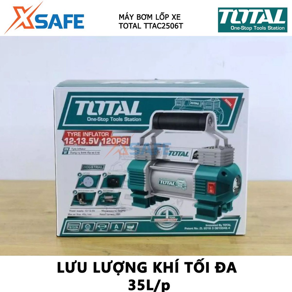 Máy bơm lốp xe ô tô TOTAL TTAC2506 Dụng cụ kiểm tra hơi lốp xe 12V, dòng điện định mức 18A, nén khí nhiều công dụng
