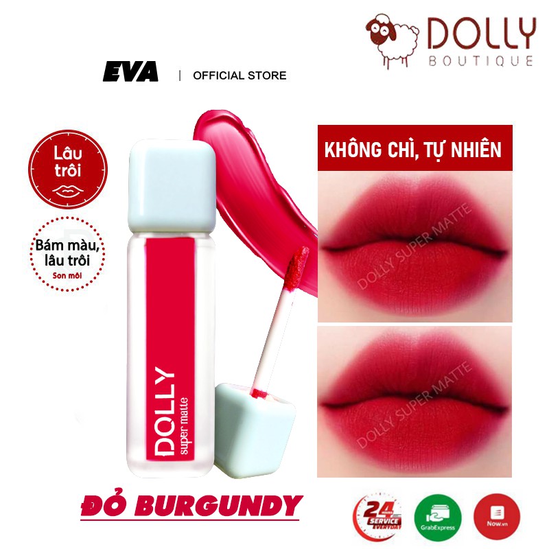 Son kem lì màu đỏ BURGUNDY Dolly super matte, son kem lì không chì bền màu lâu trôi, mua 2 cây tặng 1 hộp đựng cao cấp