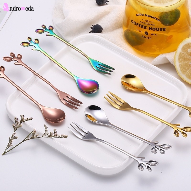Muỗng/nỉa cà phê bằng thép không gỉ hình lá cây xinh xắn