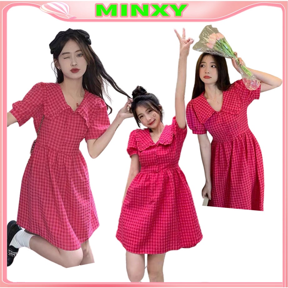 Váy kẻ cổ bèo cúc bọc,đầm dáng dễ mặc,cổ bèo xinh xinh đáng yêu, trẻ trung,chất thô mềm