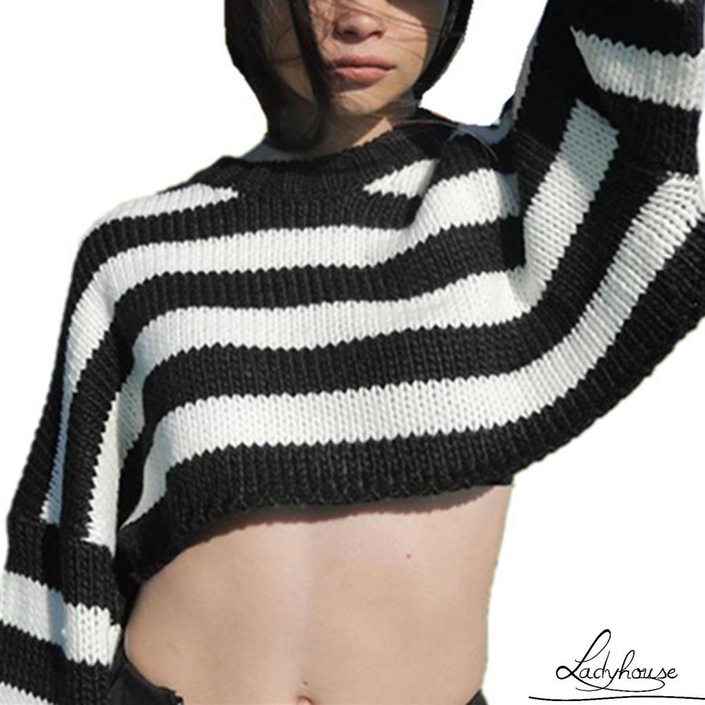 Áo Croptop Dệt Kim Cổ Tròn Dáng Rộng Họa Tiết Kẻ Sọc Trắng Đen S / M Cho Nữ