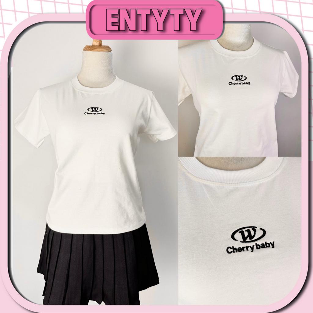 Áo BABY TEE nữ thêu logo W white form fit ENTYTY shop