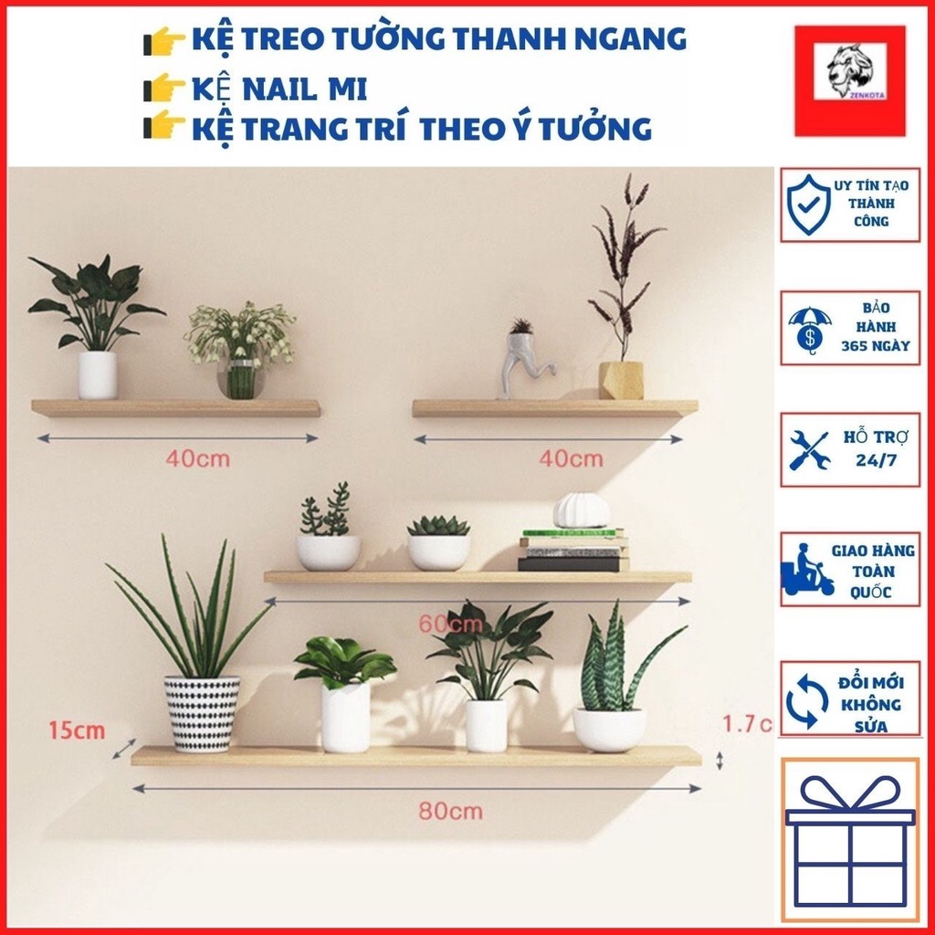 Kệ Thanh Ngang Treo Tường Kết Cấu Giấu Chân, Gỗ Lõi Xanh Chống Ẩm, Kèm Đủ Phụ Kiện