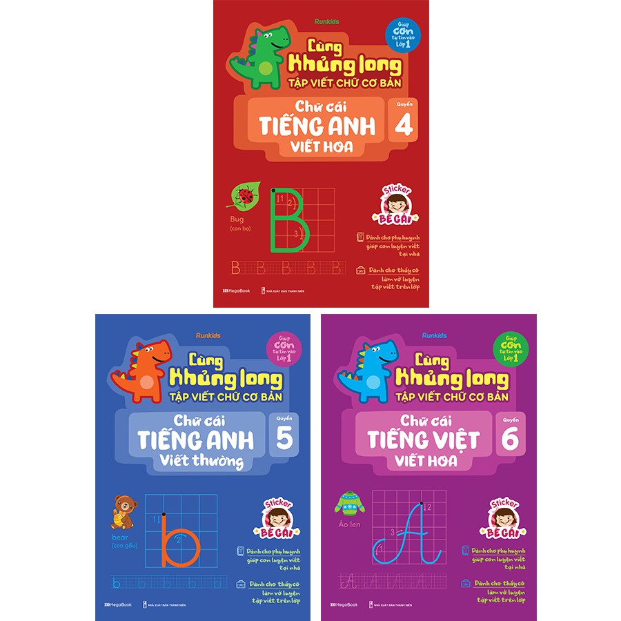 Sách Combo 3 cuốn Cùng Khủng long tập viết chữ cơ bản – Tặng kèm Sticker bé gái 4-5-6