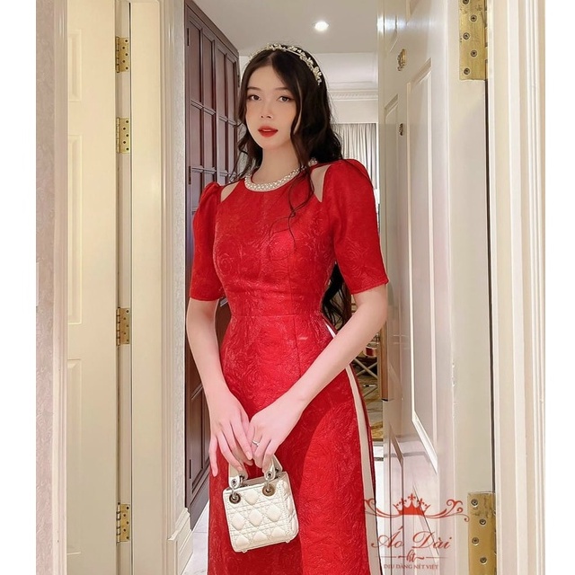 Áo dài cách tân tay bồng thiết kế đính kết cổ ngọc hoa văn mĩ miều