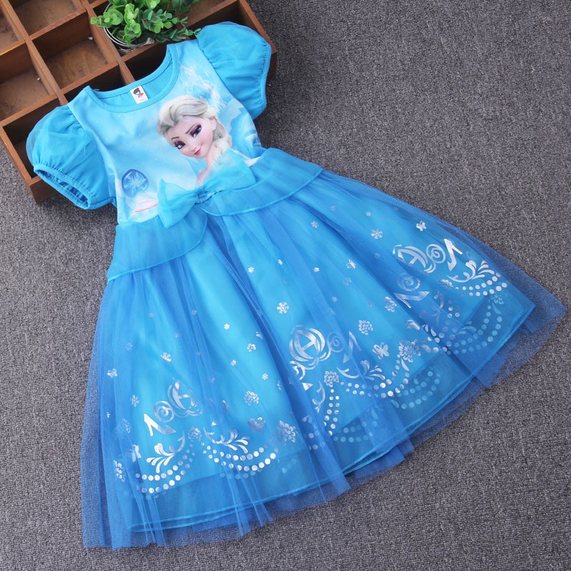 Disney Đầm Công Chúa Elsa Anna Bằng Cotton Phối Lưới Thời Trang Mùa Hè Cho Bé Gái