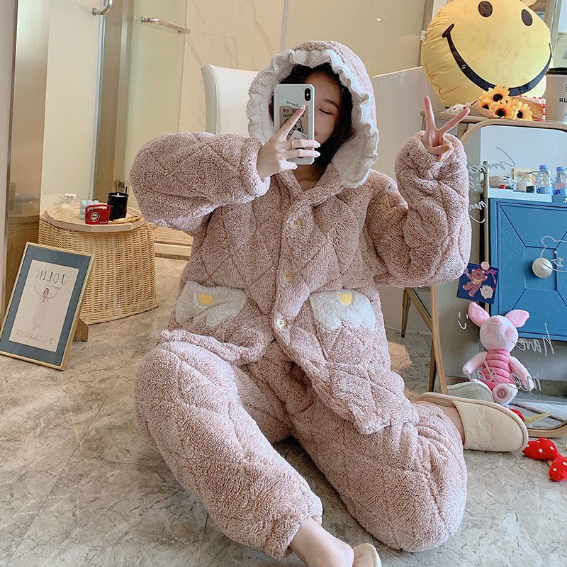 ♚☾○Cặp đôi pyjama nữ mùa thu và đông dày ba lớp chần bông dài tay ấm áp bộ đồ nam bằng vải nỉ tại nhà dịch vụ [p