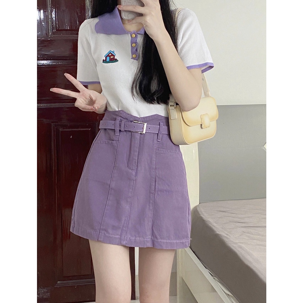 (ORDER) Set áo cổ polo len tăm và chân váy denim chữ A lưng cao trẻ trung, set đồ tím hợp trend cho nữ