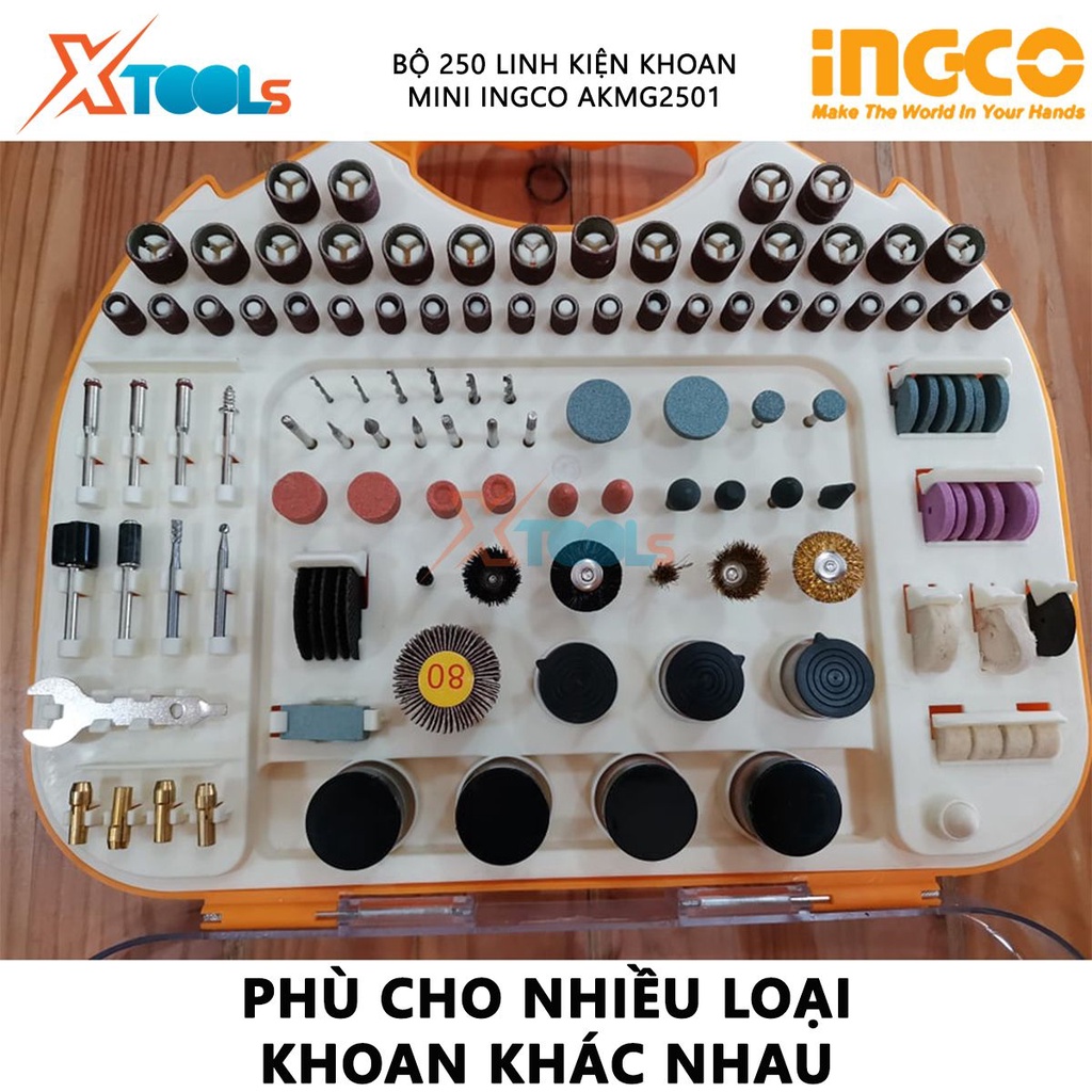 Bộ 250 linh kiện khoan mini INGCO AKMG2501 | Bộ Phụ Kiện khoan mini 250 món Gồm 250 bộ linh kiện khoan mini khoan các vậ