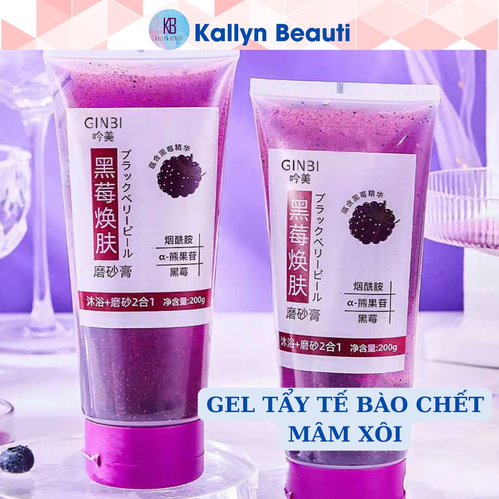 Gel tẩy tế bào chết toàn thân mâm xôi đen GinBi body dưỡng trắng da Kallyn Beauti