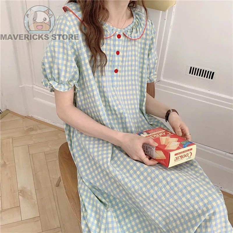 Váy ngủ tay ngắn cổ búp bê kẻ sọc caro màu xanh lá xinh xắn phong cách thời trang Hàn Quốc