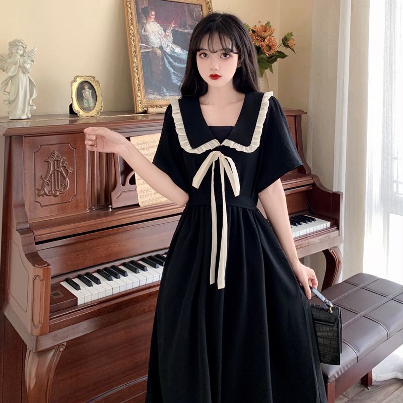 Váy babydoll đầm babydoll Đầm Dài Cổ Búp Bê Cột Dây Màu Đen Phong Cách Preppy Thời Trang Mùa Hè 2022