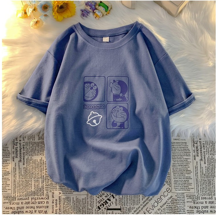 Áo thun form rộng unisex, áo phông tay lỡ oversize hình Doraemon chất cotton cực xinh xắn